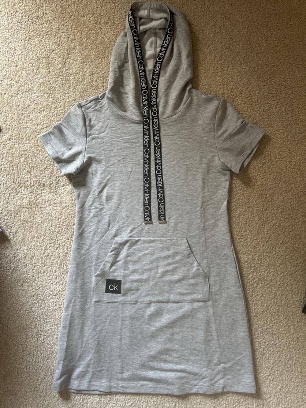 Calvin Klein Gray Hooded T-Shirt Dress with Logo Drawstrings